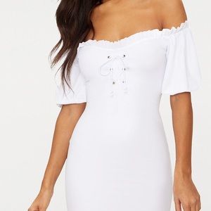 prettylittlething white lace up bardot dress